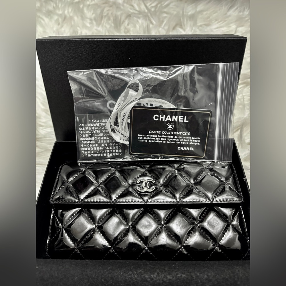 CHANEL Black Patent Quilted Wallet with Chain